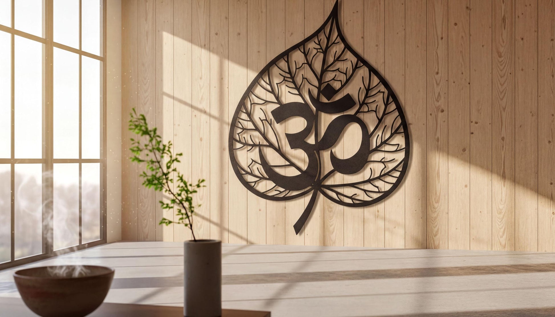 a minimalist interior design with a large leaf-shaped wall art piece displaying the Om symbol, a common symbol in yoga and meditation practices. The room has wooden walls and a wooden floor, creating a serene and calming atmosphere. In the foreground, there is a small potted plant and a bowl, adding a touch of nature and simplicity to the space.