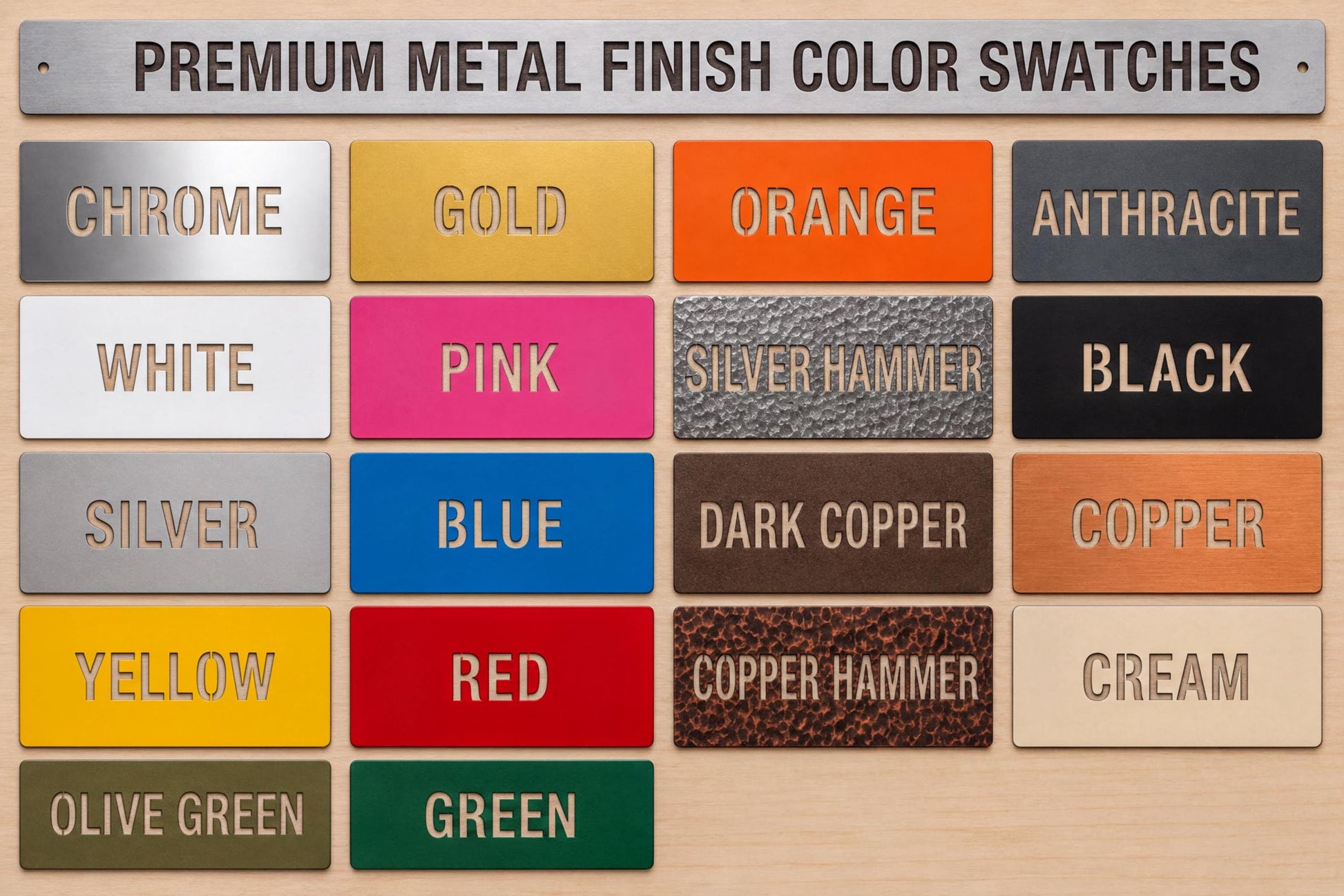 a collection of color swatches for premium metal finish color options, including chrome, gold, orange, antracite, white, pink, silver hammer, black, copper, yellow, red, copper hammer, and cream.