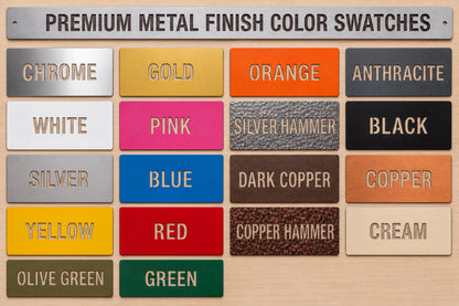 a collection of color swatches for premium metal finish color options, including chrome, gold, orange, antracite, white, pink, silver hammer, black, copper, yellow, red, copper hammer, and cream.