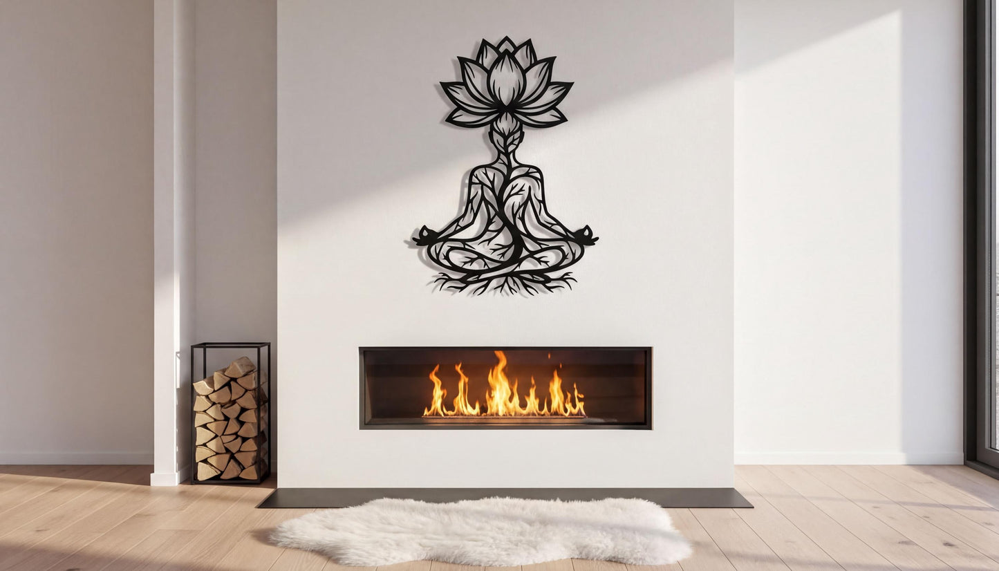 a minimalist living room with a white wall, a fireplace, and a black metal sculpture of a lotus flower above it.