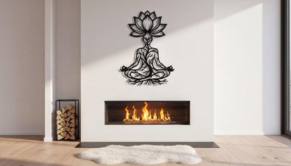 a minimalist living room with a white wall, a fireplace, and a black metal sculpture of a lotus flower above it.