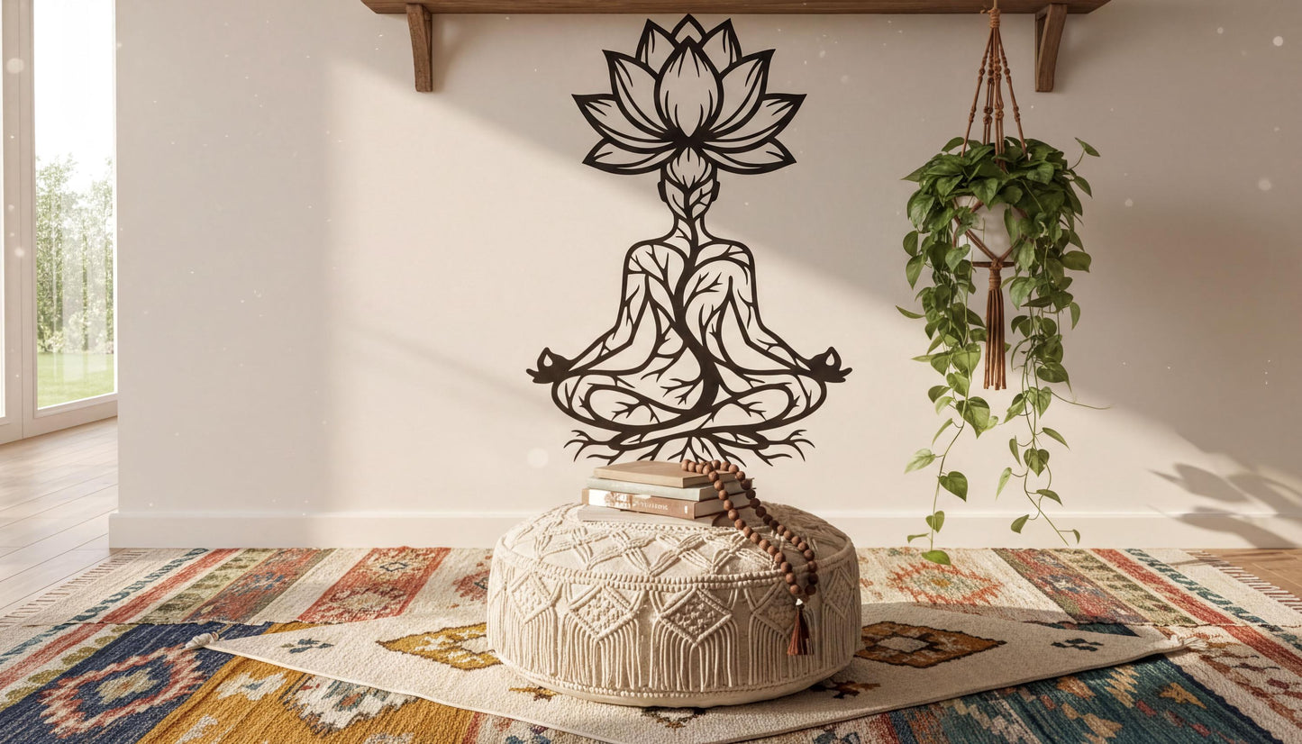 a serene and tranquil indoor setting with a large black stencil of a lotus flower on the wall, a potted plant, a woven ottoman, and a colorful rug.
