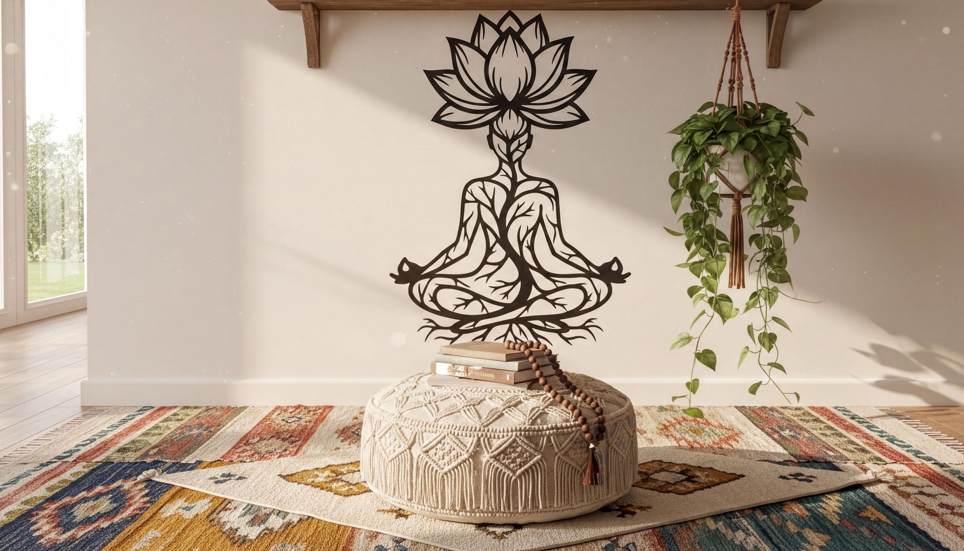 a serene and tranquil indoor setting with a large black stencil of a lotus flower on the wall, a potted plant, a woven ottoman, and a colorful rug.