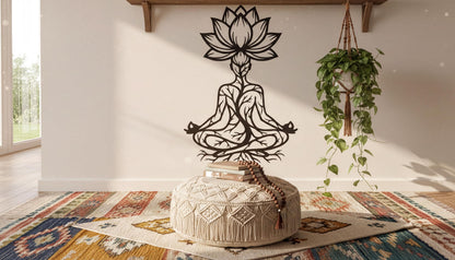 a serene and tranquil indoor setting with a large black stencil of a lotus flower on the wall, a potted plant, a woven ottoman, and a colorful rug.