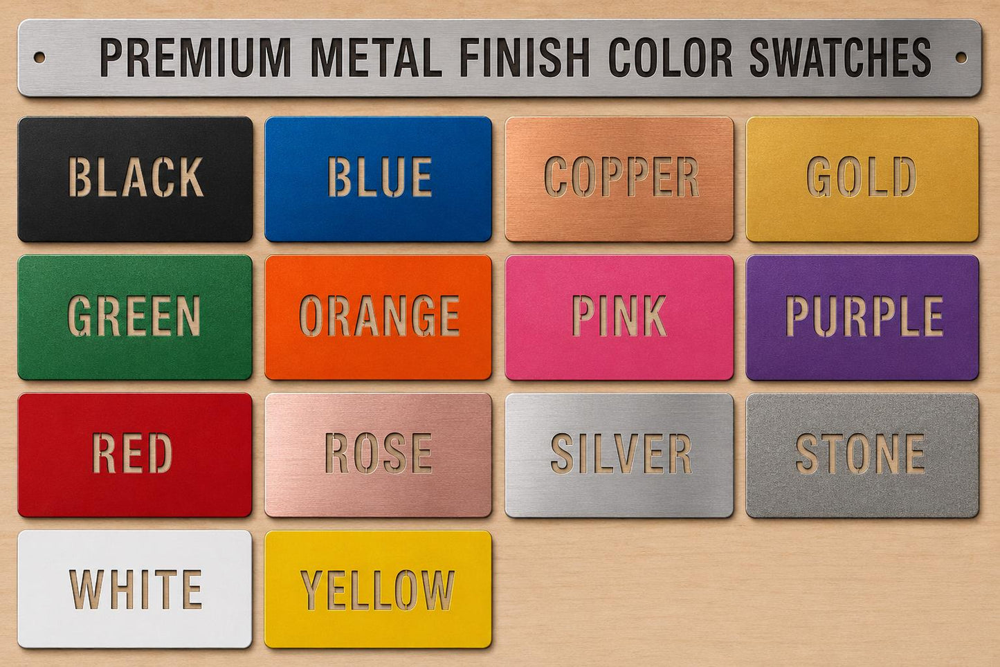 a collection of metal finish color swatches, each with a different color and label.