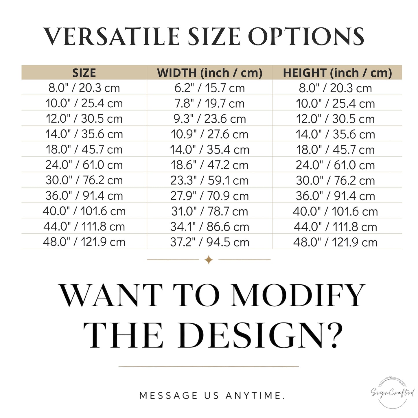 a table with various size options and corresponding widths and heights in inches and centimeters. The table provides a visual representation of the different size options available, allowing users to choose the most suitable option for their design. The message at the bottom encourages users to modify the design, but it does not provide specific guidance on how to do so.