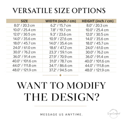 a table with various size options and corresponding widths and heights in inches and centimeters. The table provides a visual representation of the different size options available, allowing users to choose the most suitable option for their design. The message at the bottom encourages users to modify the design, but it does not provide specific guidance on how to do so.